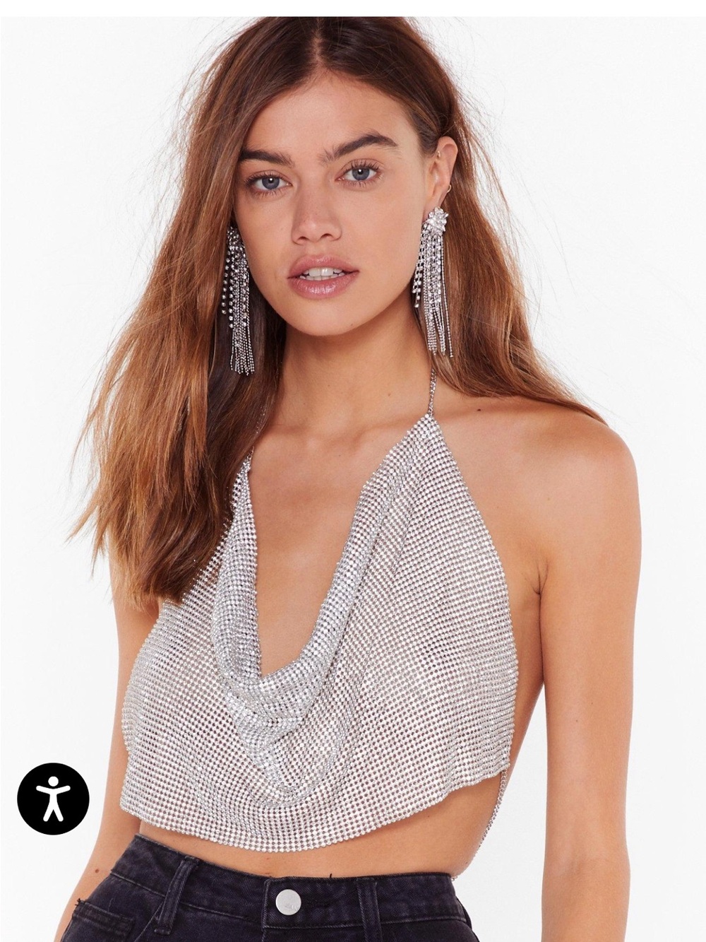 Nasty Gal Silver Chain Mail Halter Crop Top